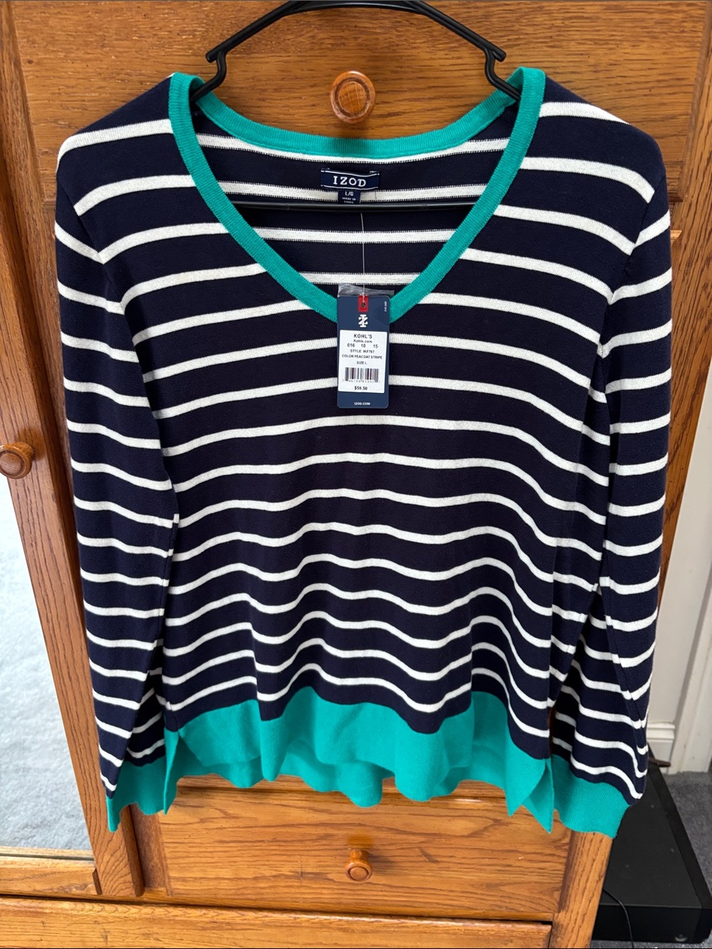 Izod Navy and White Striped Long-Sleeve V-Neck with Teal Trim